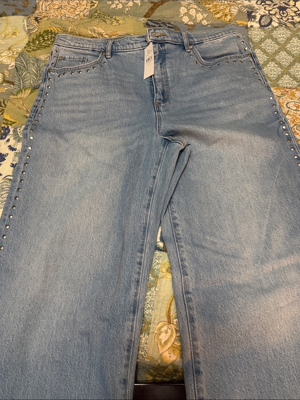 LOFT Light Blue Stud-Trim Wide Leg Jeans